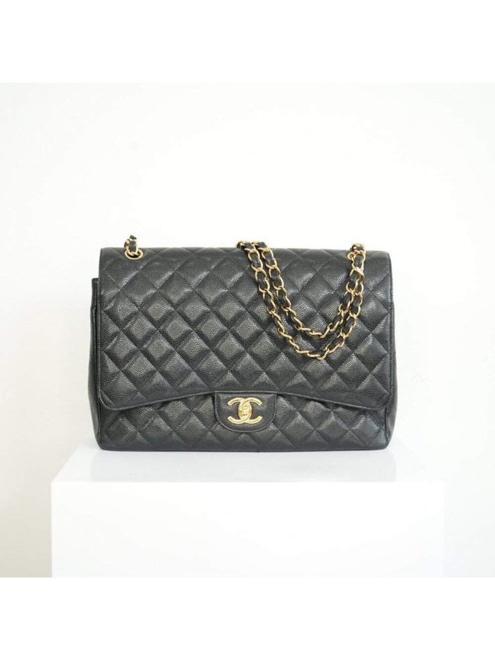 Chanel Black Caviar Leather Maxi Double Flap Bag Full Set